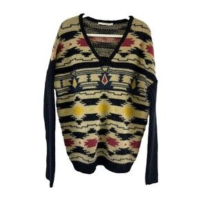 Tequila Solo Wool Mohair Sweater V-Neck Southwest Pattern Oversized Womens Small